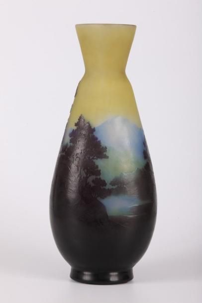 Émile GALLÉ (1846-1904) Vase de forme ovoïde allongée à col conique en verre gravé...