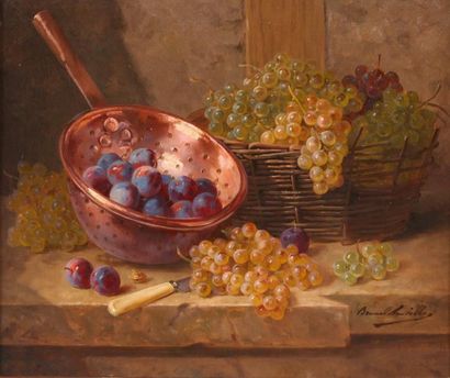 Alfred Arthur BRUNEL NEUVILLE (1852-1941) Nature morte aux raisins et prunes - huile...