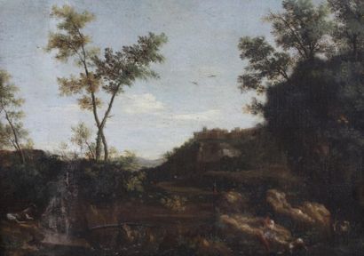 ÉCOLE du XVIIème siècle Berger dans un paysage avec animaux - huile sur toile (petits...