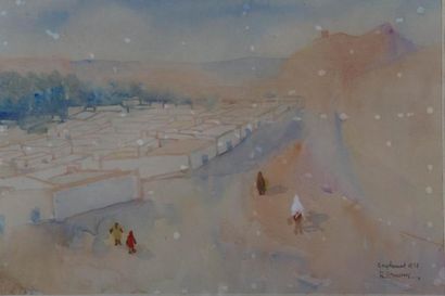 R. Druesnes (XXème) Danse arabe et vue d'un village - Deux dessins à la plume, aquarelle...