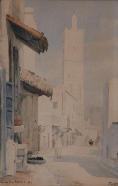 A. Tournaire (XIXème - XXème siècle) Grande rue, Kairouan - aquarelle signée en bas...