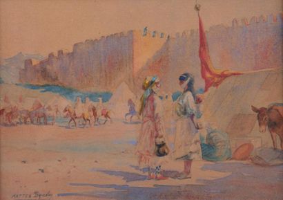 Mattéo BRONDY (1866-1944) Campement Oriental et fortifications - aquarelle sur traits...