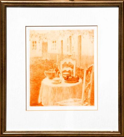  Henri LE SIDANER (1862-1939) Table dressée dans le jardin Pointe-sèche à la manière... Gazette Drouot