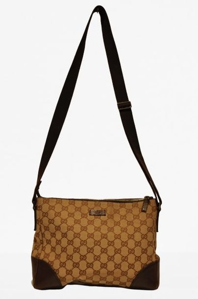 null GUCCI?: besace 28cm, en toile siglé beige et cuir marron, fermeture zippée,...