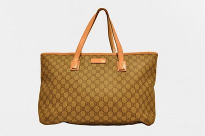 null GUCCI : 38cm tote bag in beige coated canvas and pink patent leather, double...