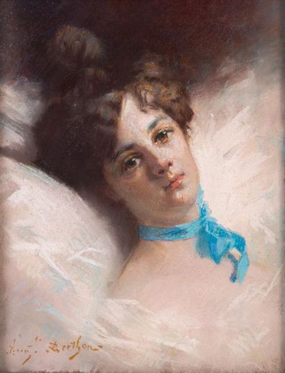 null Auguste BERTHON (né en 1868): Jeune fille au ruban bleu.
Pastel signé en bas...