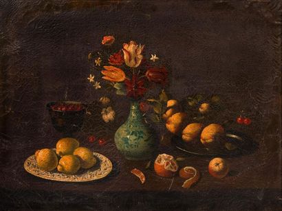 null Ecole ESPAGNOLE du début du XIXe siècle
Nature morte aux fruits et au vase de...