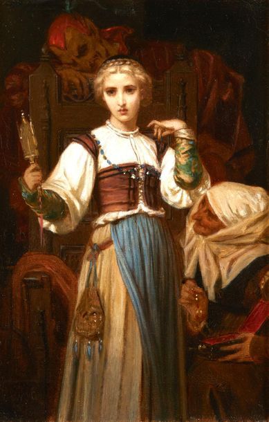 null Attribué à Hugues MERLE (1823-1881)
Marguerite essayant les bijoux
Toile
39...
