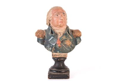 null Buste de Louis XVIII en terre cuite polychrome.
XIXème siècle.
H. : 10 cm