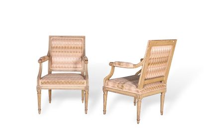 null Paire de fauteuil Louis XVI à dossier carré en bois sculpté et mouluré à décor...