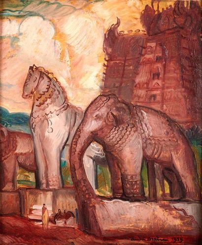 null André MAIRE (1898-1984)

Sculptures de cheval et d'éléphant devant un temple...