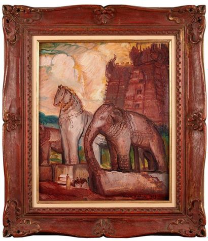 null André MAIRE (1898-1984)

Sculptures de cheval et d'éléphant devant un temple...