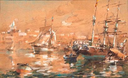 null Gilbert GALLAND (1870-1956)

Bateaux dans le port.

Aquarelle.

Signée en bas...
