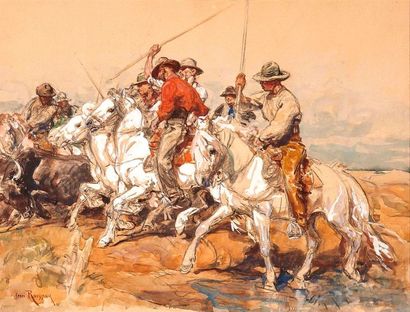 null Henri Émilien ROUSSEAU (1875-1933)

Camarguais en chevaux.

Gouache et aquarelle.

Signée...