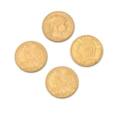 null Lot comprenant trois pièces de 20 Francs Fr or. 1913.
Poids: 19,37 g 
On y joint...