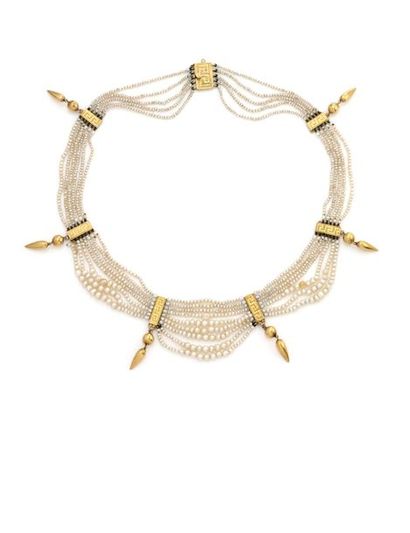 null Necklace composed of five, six and two rows of falling fine pearls punctuated...