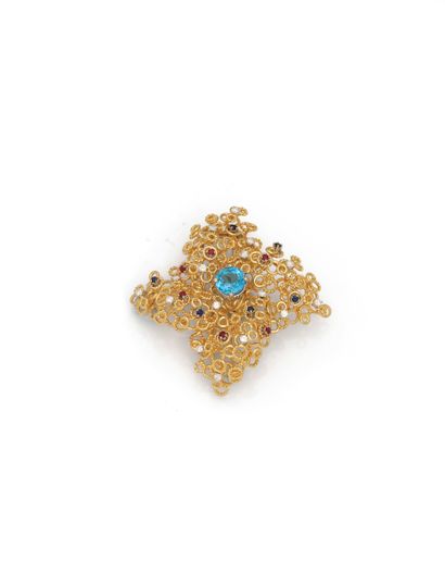 null Broche en or deux tons 18K (750/1000) en forme de fleur à quatre pétales stylisé...