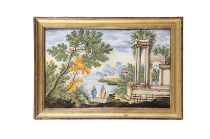 null 
Castelli

Rectangular earthenware plate with polychrome decoration of two men...