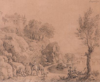 null French school of the XVIIIth century

Washerwomen and herds in a landscape 

Brown...
