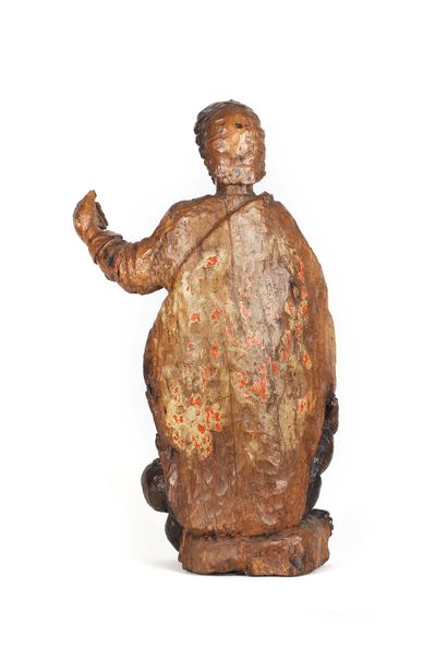 null Saint Barthélémy en bois sculpté avec restes de polychromie, dos ébauché. Debout...