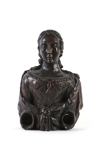 null Buste en noyer teinté, partie de sculpture ou Buste de sainte femme en peuplier...