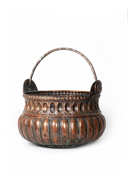 A copper basin with a gadrooned body, neck...