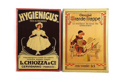 null Plaque publicitaire en tôle lithographiée « HYGIENIGUS » L. CHIOZZA et Cie....