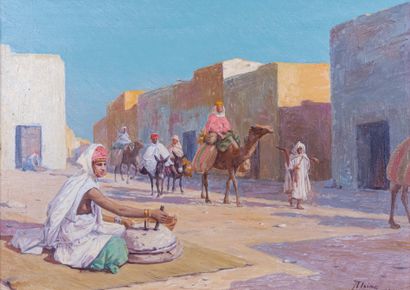 null José ALSINA (1850-?) 

Caravane traversant le marché. 1900 

Huile sur panneau Signée...