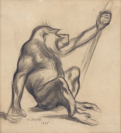 null Paul JOUVE (1878-1973) 

Le babouin. 1896 

Fusain Signé et daté en bas à gauche...