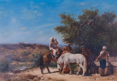 null Georges WASHINGTON 

The horsemen's halt 

Oil on panel Signed lower left 24...