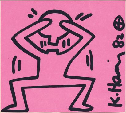  Keith HARING (1958-1990) 
Removable head. 1982 
Feutre noir sur papier rose Signé...