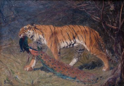 null Gustave SURAND (1860-1937)

Tiger with a peacock

Oil on canvas mounted on cardboard

Signed...