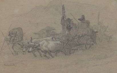 null Auguste Frédéric SCHENK (1828-1901)

Ox carts and peasants

Graphite and white...