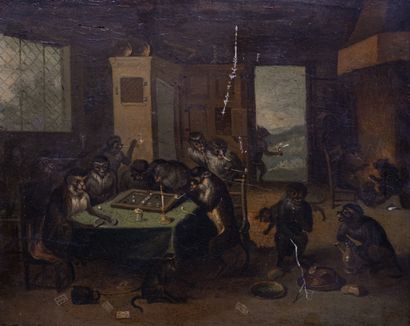 null 
Ecole FLAMANDE du XVIIIème siècle

Les singes joueurs.

Huile sur panneau.

28,5...