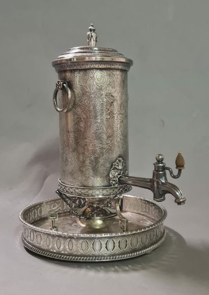 null Samovar and its silver platter decorated with scrolls.

English work, Victorian...