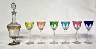null Suite of six colored crystal glasses and a carafe in engraved crystal, gilded...