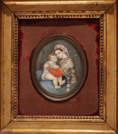  Ecole du XIXème siècle, d'après 
Vierge à l'enfant 
Miniature sur ivoire 
10 x 8...