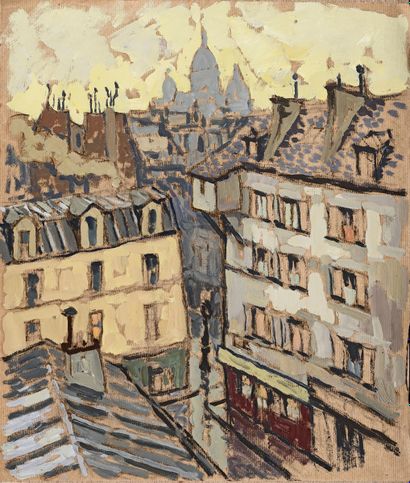 null 
Jac MARTIN-FERRIERES (1893-1972)
Les toits d Paris, le sacré coeur

Huile set...