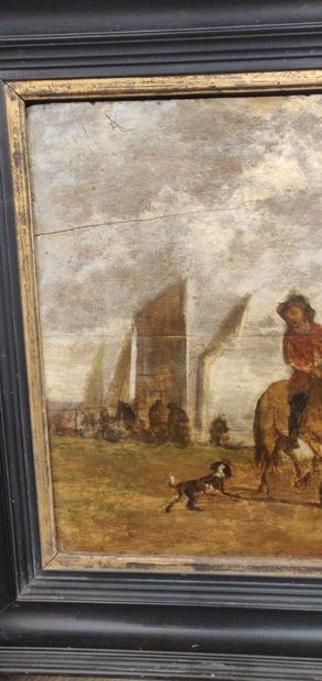  Ecole HOLLANDAISE du XVIIème siècle, suiveur de CUYP 
Cavalier et son chien 
Panneau...