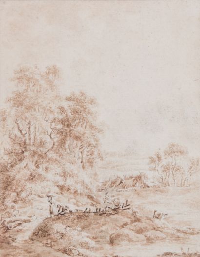  Ecole française du XVIIIème siècle 
Lavandières et troupeaux dans un paysage 
Lavis...