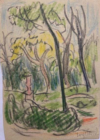 null René SEYSSAUD (1866-1952)

Le parc

Crayon de couleur sur papier (dessin double...