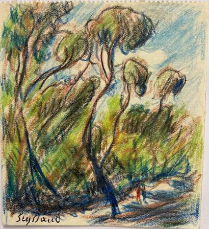 null René SEYSSAUD (1866-1952)

Promenade dans les pins

Crayon de couleur sur papier

Signé...