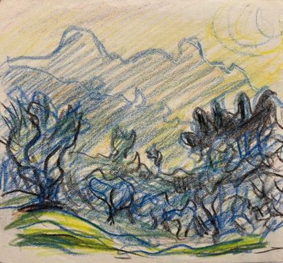 null René SEYSSAUD (1866-1952)

Paysage aux oliviers

Crayon de couleur sur papier

11...