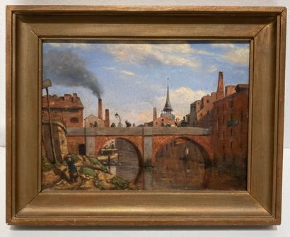 null French school of the 19th century

River crossing the village 

Oil on panel...