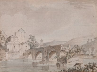  Attribué à Alexis Nicolas PERIGNON (Nancy 1726 - Paris 1782) 
Paysage au pont 
Aquarelle,...