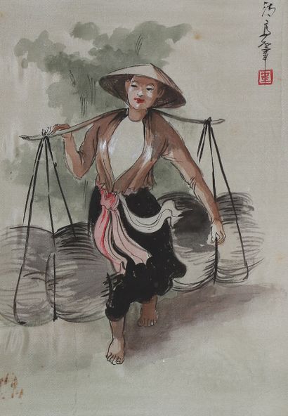 null VIETNAM, XXe siècle 

Ensemble de deux aquarelles sur tissus représentant une...