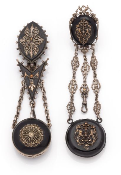 null Set of two metal chatelaines (without watches), the oval elements lacquered...