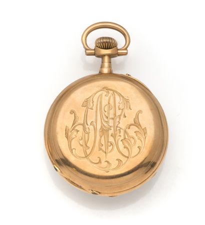 null 18K (750/1000) yellow gold pocket watch with mechanical movement, the back engraved...