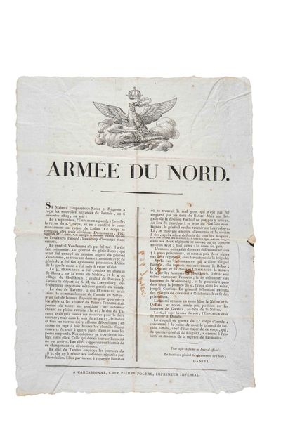 null [ARMÉE DU NORD] Belle affiche à grande vignette à l’aigle du 6 Septembre 1813.

Texte...