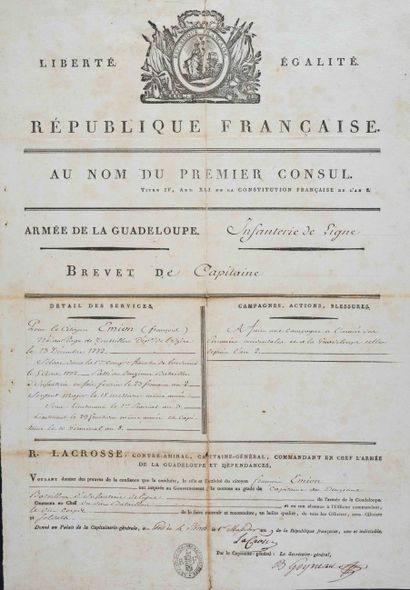 null [GUADELOUPE St DOMINGUE] François EMION, Brevet de Capitaine, an 9

Pour le...
